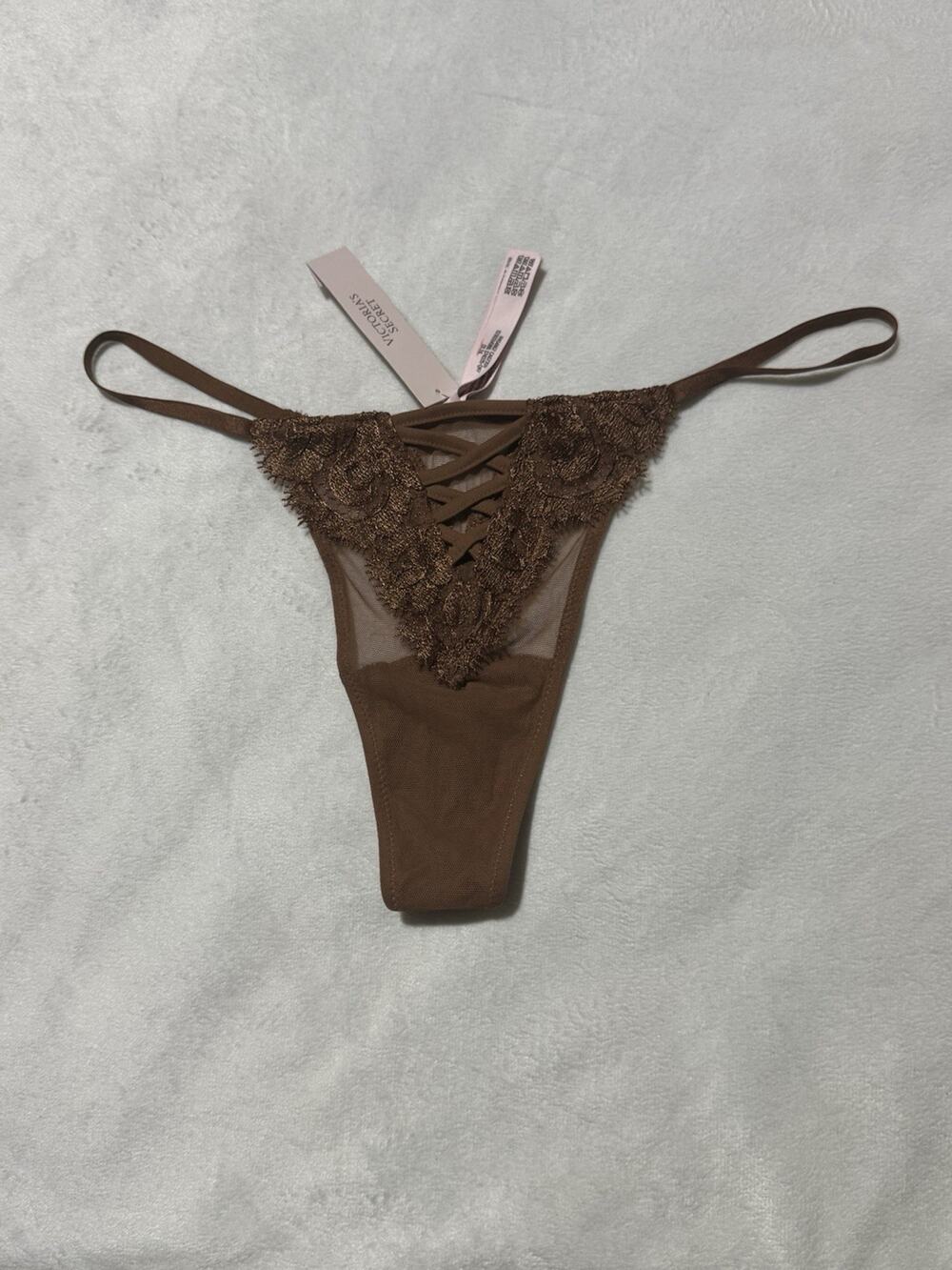 Victoria's Secret Lace V-String Panty Thong – Brown Mesh Strappy Embroidery M